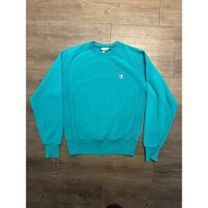 Champion Reverse Weave Sweatshirt S Men's Teal Ribbed Hem Crewneck Long Sleeve